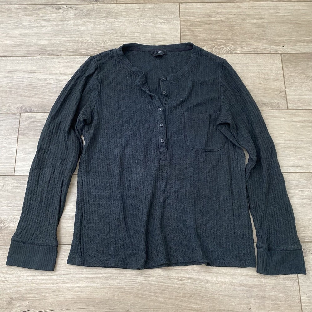 J. Crew Women's Waffle Henley Supercozy Black Button Crewneck  #AT568 sz L